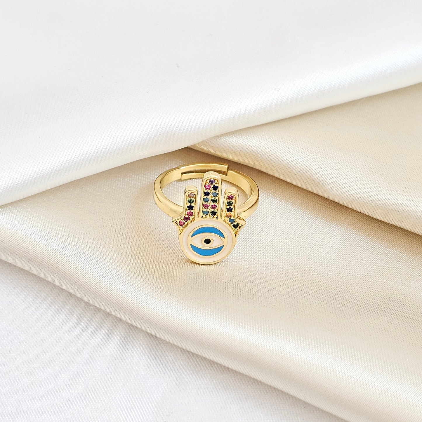 ANILLO DORADO MANO HAMSA CIRCONES DE COLORES RF K5570