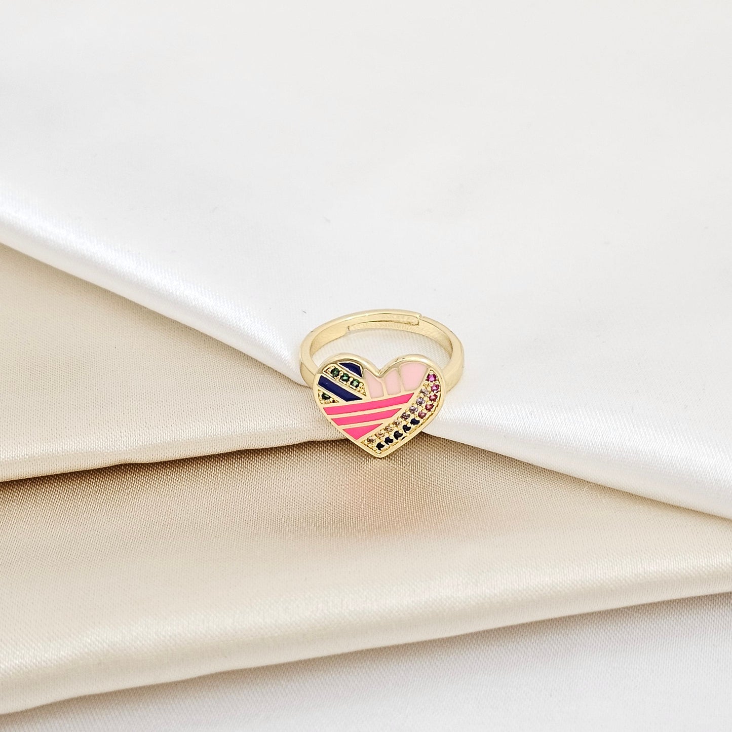 ANILLO DORADO CORAZON ROSA CIRCONES DE COLORES RF K5652