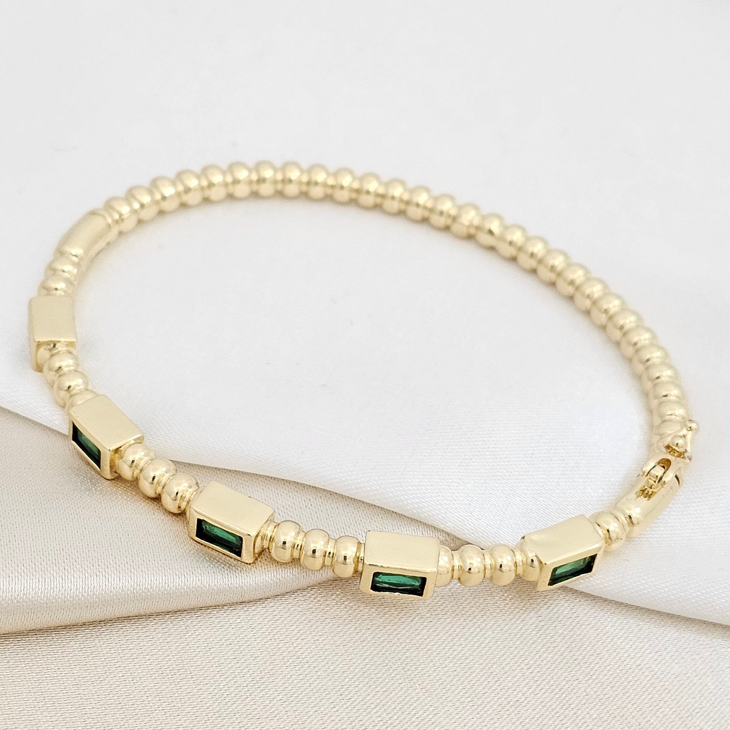 BRAZALETE CINCO RECTANGULOS DORADO CIRCONES VERDES RF K7165