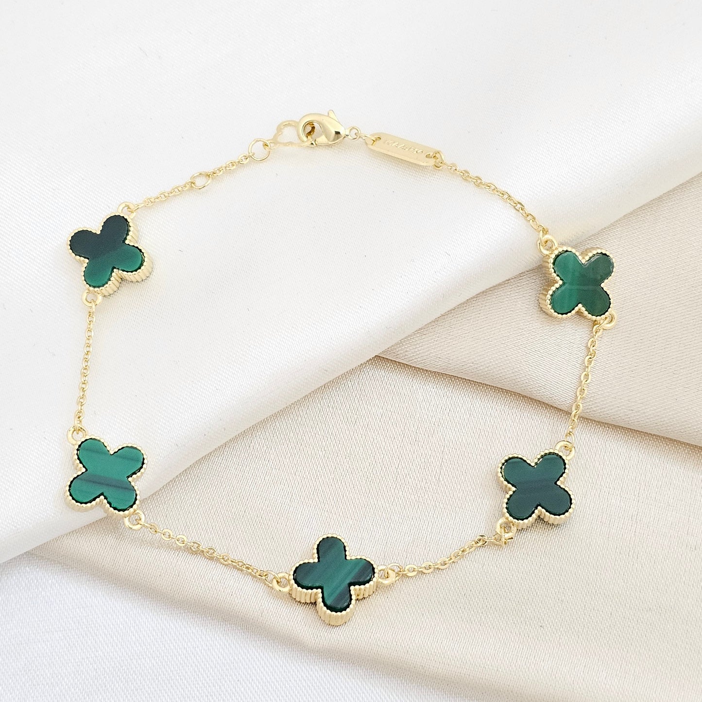PULSERA AROS DORADO TREBOL GRANDE VERDE RF K6281