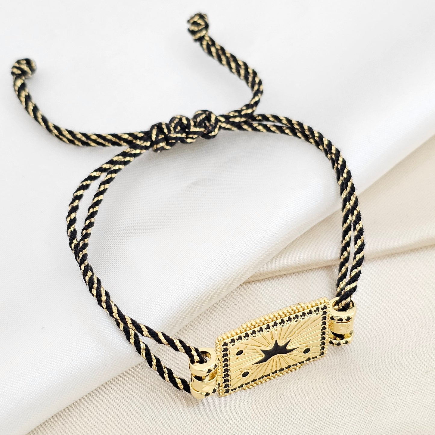 PULSERA CORDON NEGRO DIJE CUADRO CIRCONES NEGROS RF K6451