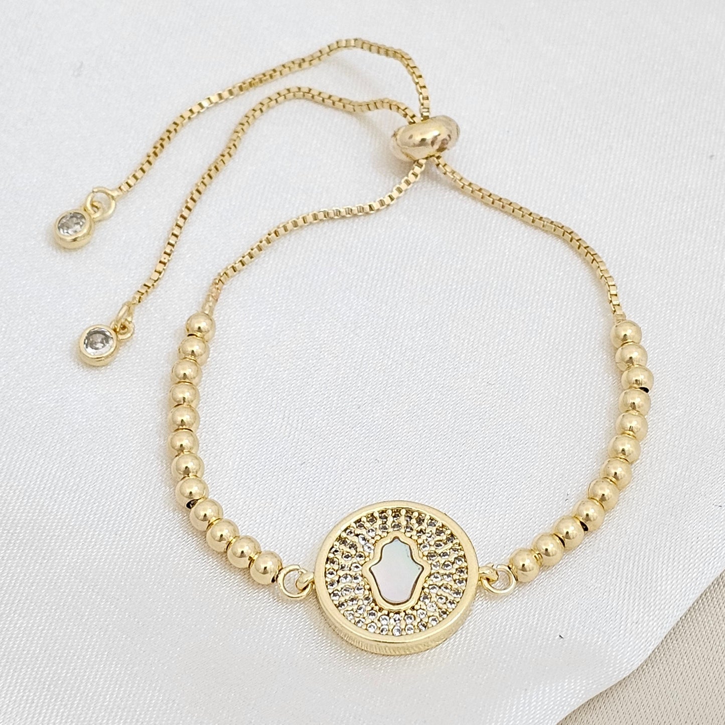 PULSERA CORREDIZA BALINES CON DIJE MANO FATIMA RF K6731