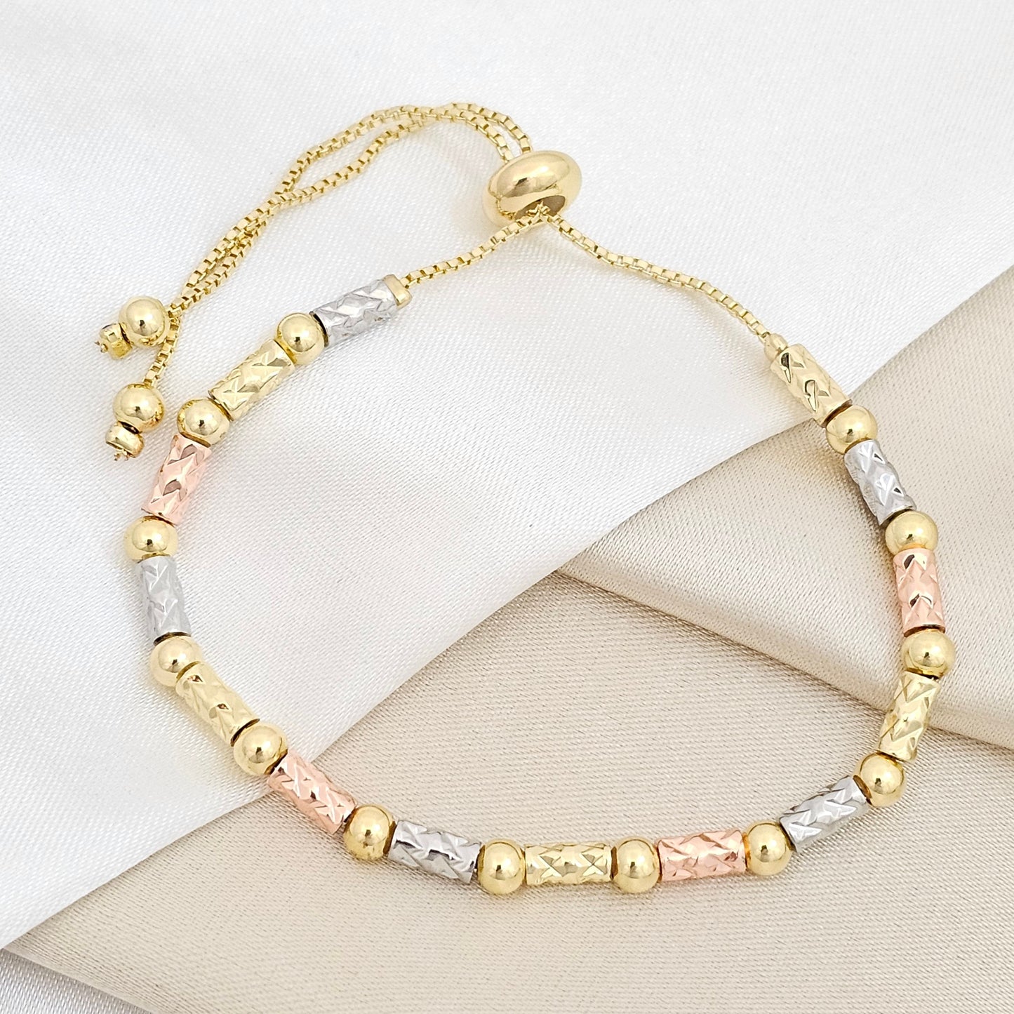 PULSERA CORREDIZA CUBOS Y BALINES TRES TONOS RF K6778