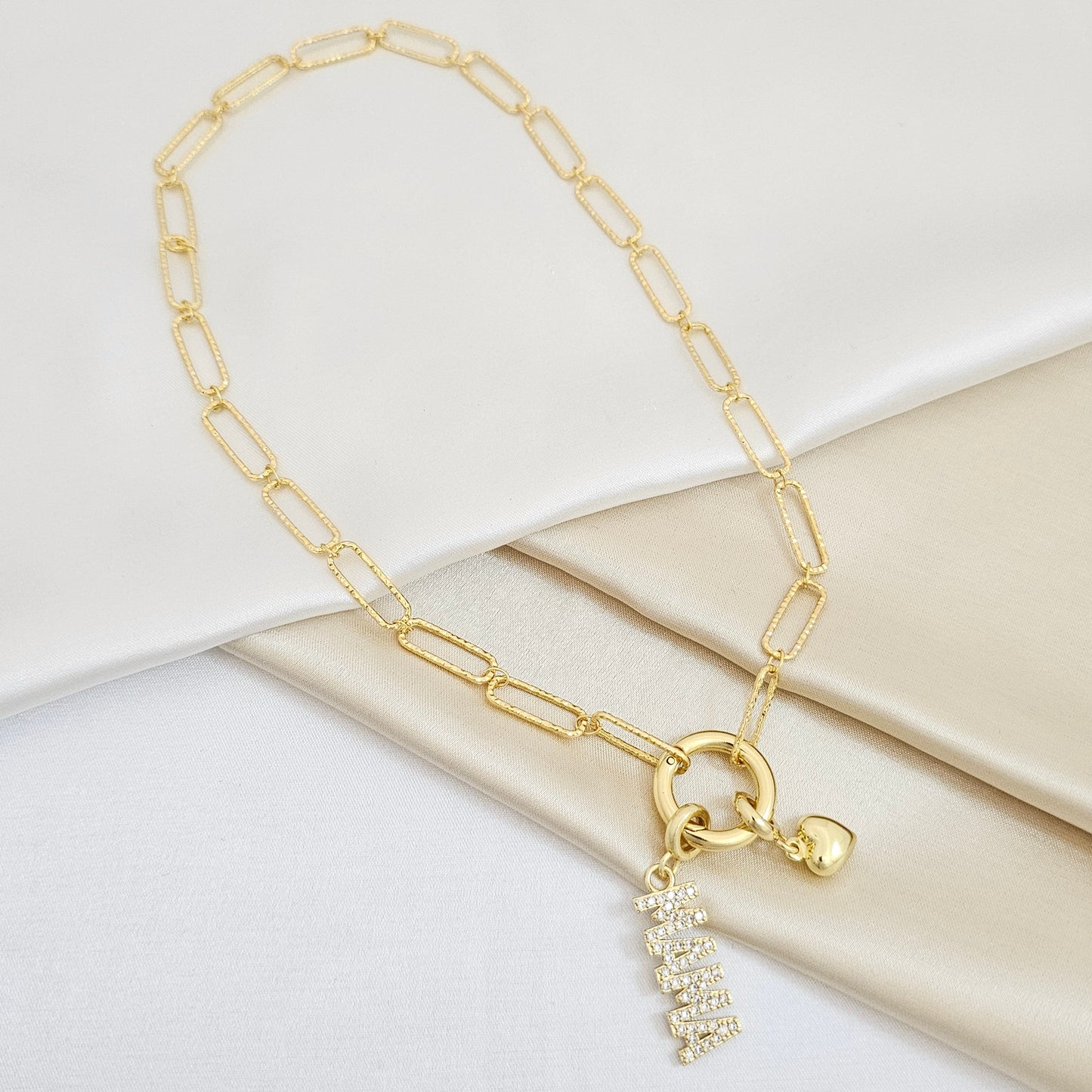 CADENA AROS GRANDES CHARMS MAMA Y CORAZON DORADO RF K5557