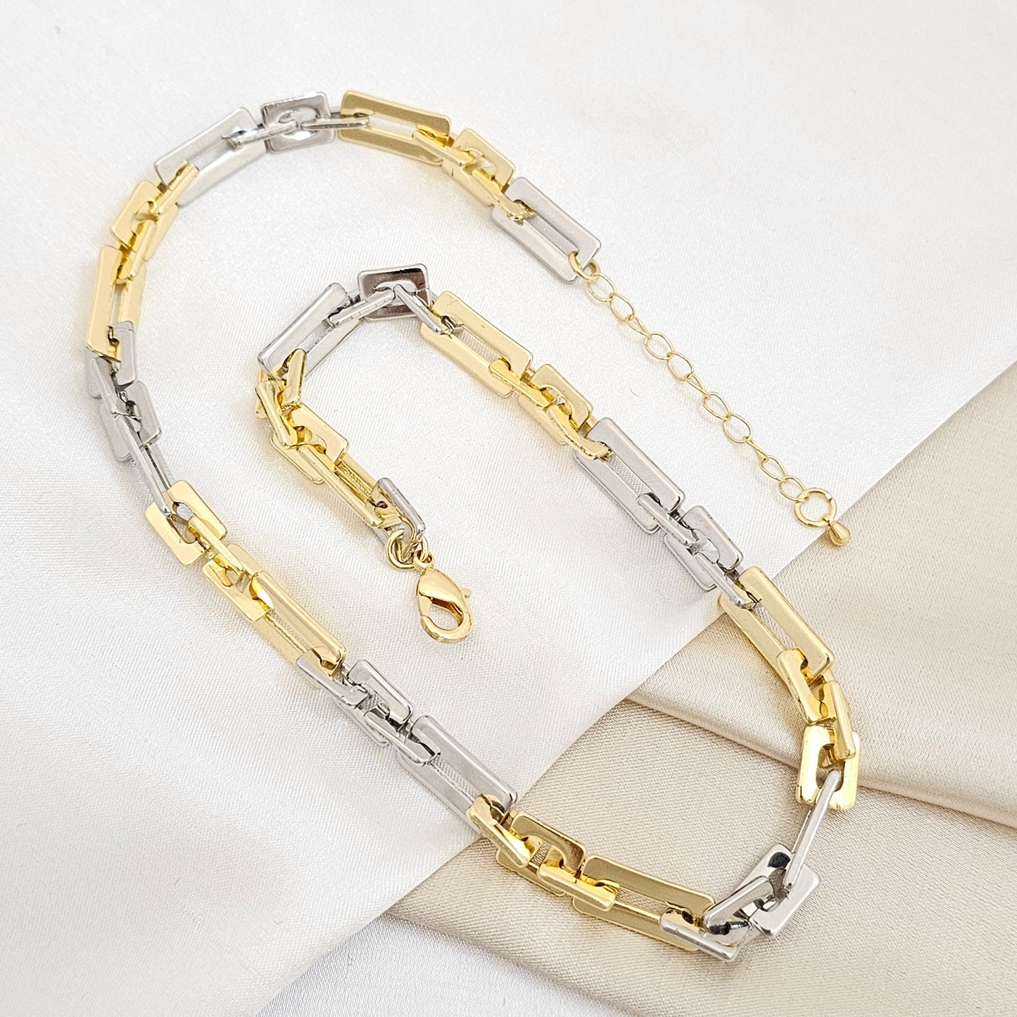 CADENA AROS CUADRADOS DORADO Y PLATEADO RF K6756