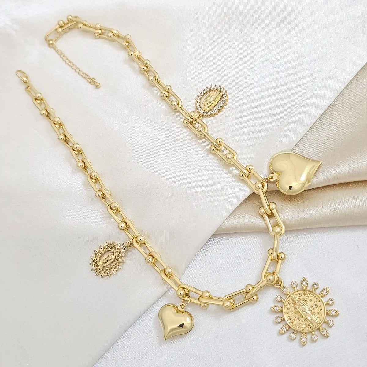 Cadena San Jose Corazones Lisos Y Virgen Circones Dorado Rf K4971