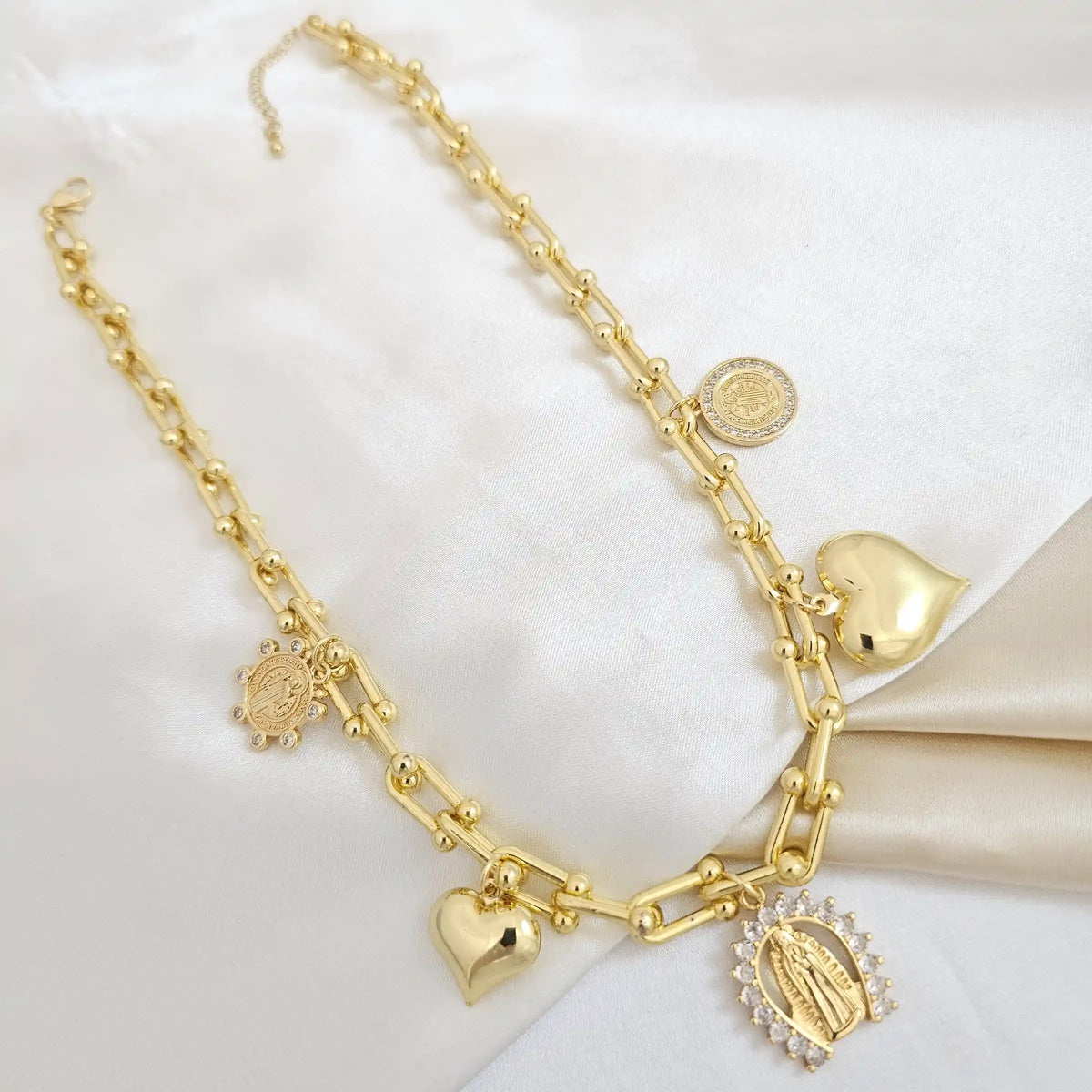 Cadena Virgen Circones Corazones Lisos Extensor Dorado Rf K4973