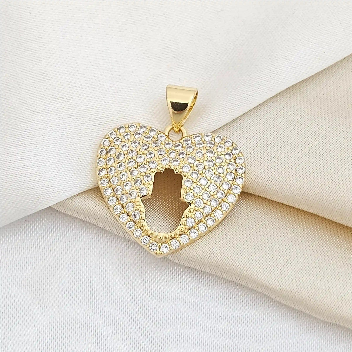 Dije Corazon Circones Con Mano Fatima Dorado Rf K4608
