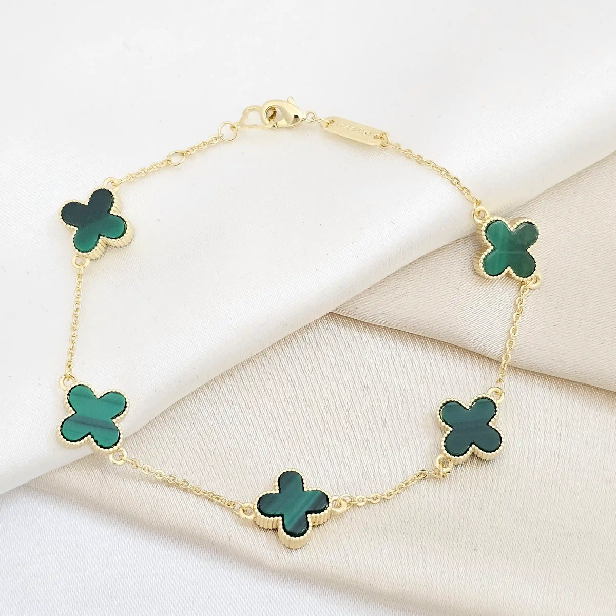 Pulsera Aros Dorado Trebol Grande Verde Rf K6281