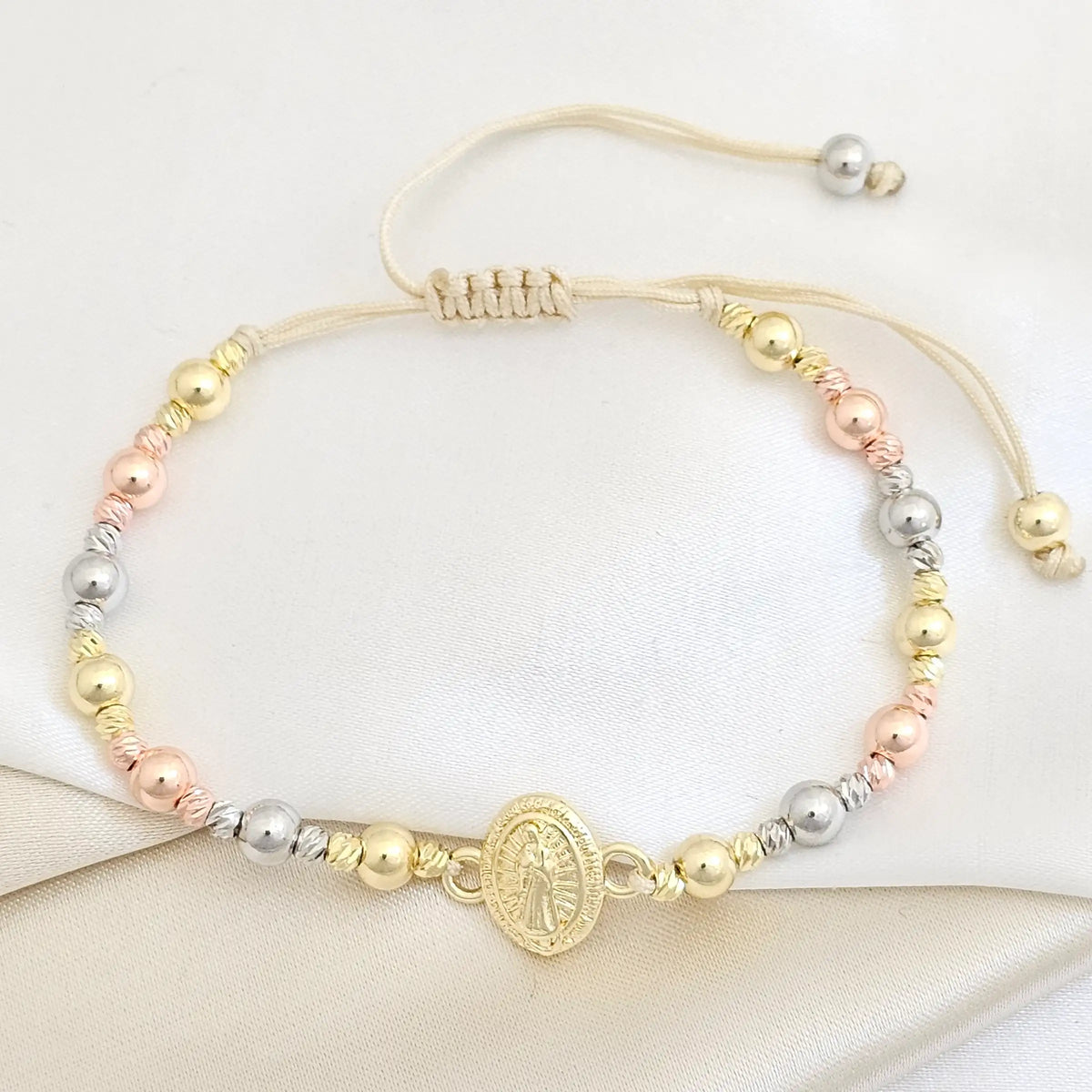 Pulsera Balines N5 Tres Tonos Dije Virgen Guadalupe Lisa Rf K7716
