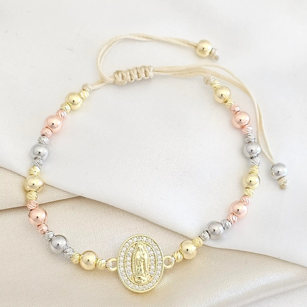 Pulsera Balines N5 Tres Tonos Dije Virgen Guadalupe Rf K7714