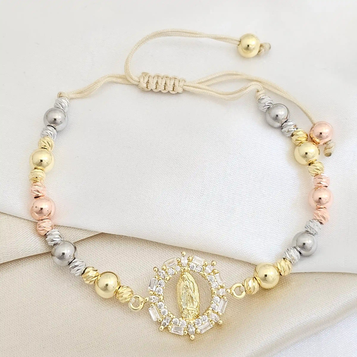 Pulsera Balines N6 Tres Tonos Dije Virgen Guadalupe Rf K7717