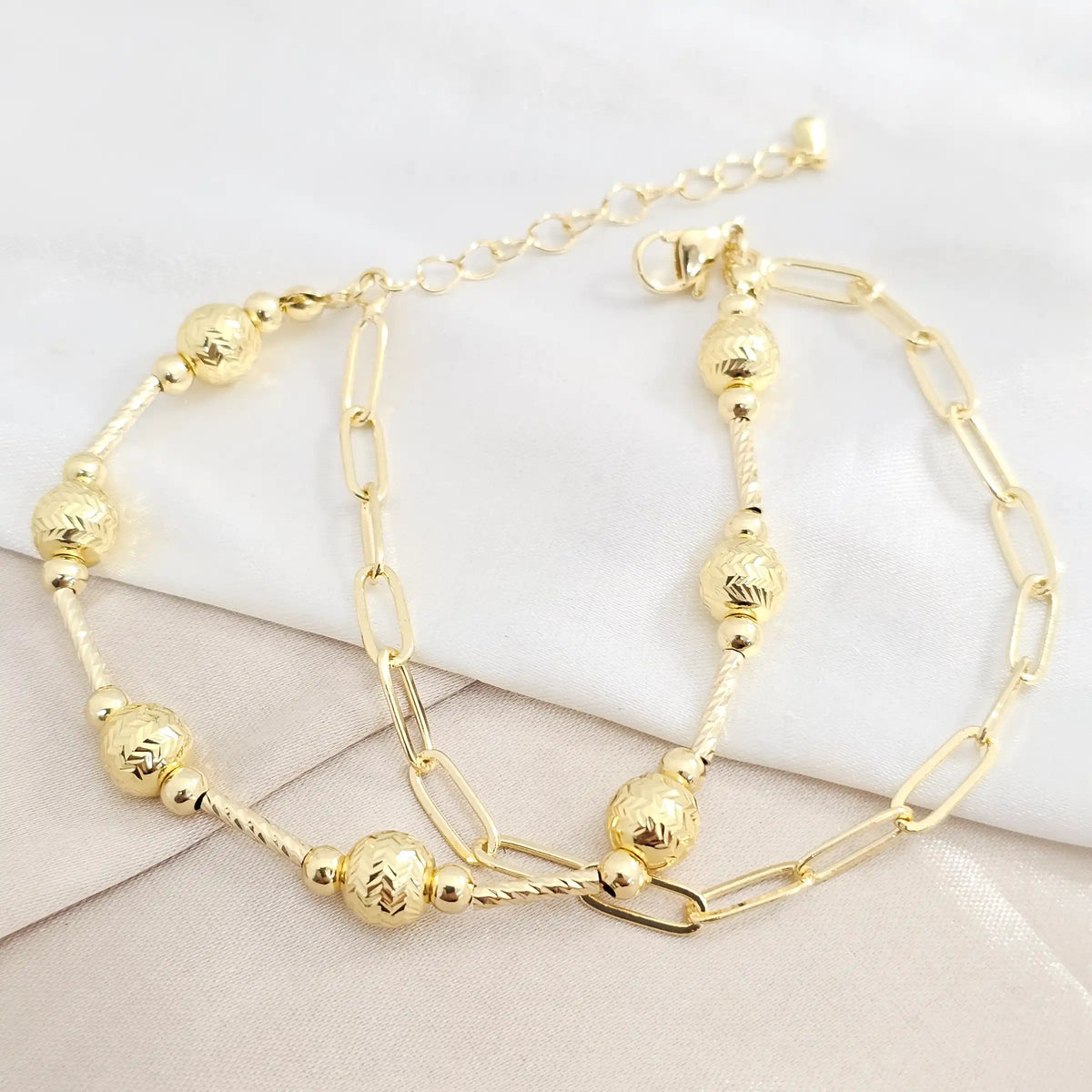 Doble Pulsera Canutillo Con Balines #7 Dorado Rf K8171