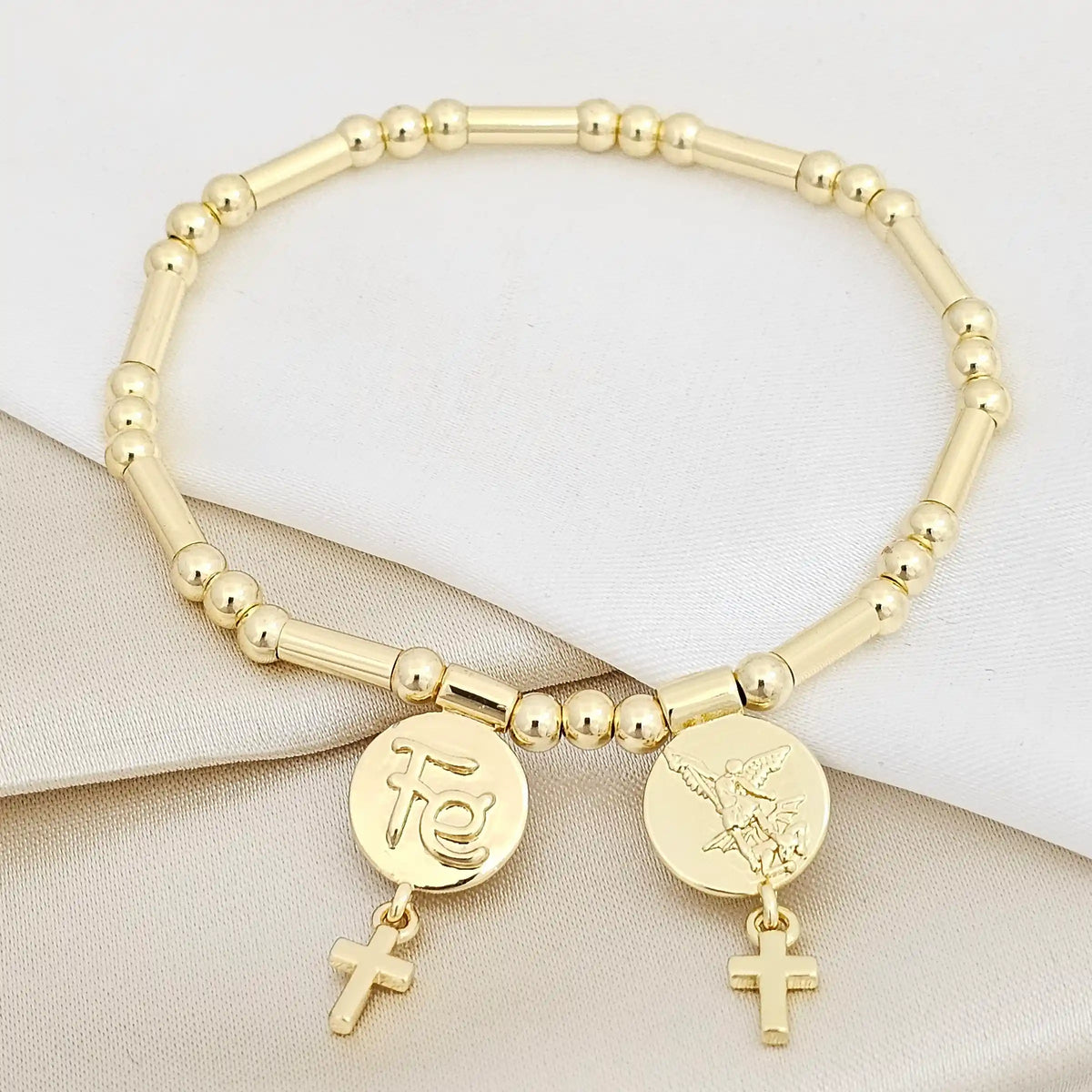 Pulsera Canutillo Y Balines N4 Dijes Fe Y San Miguel Rf K7503