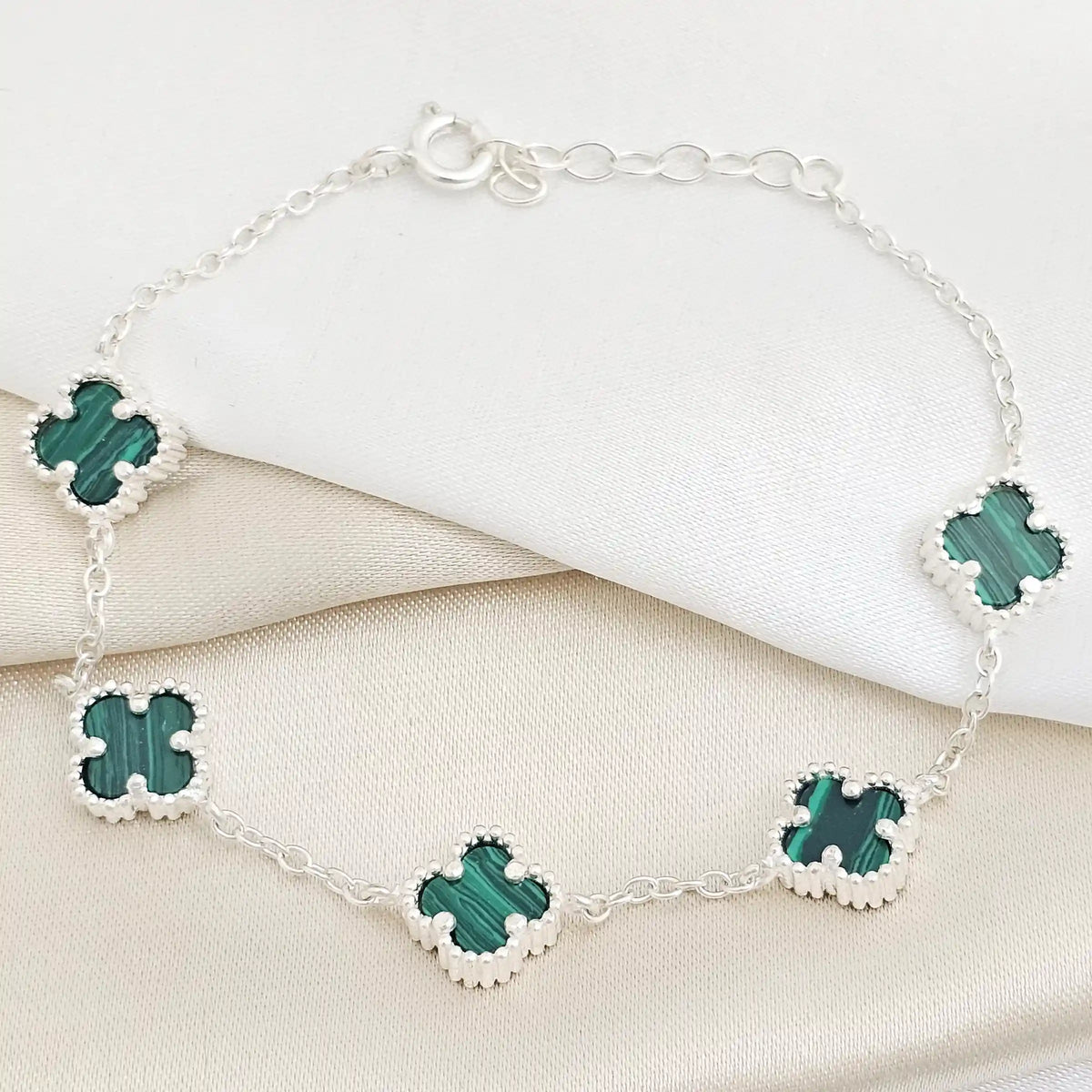 Pulsera Clover 5H Malaquita 10Mm 17 Cms + Ext Plata 925 B/S/55066
