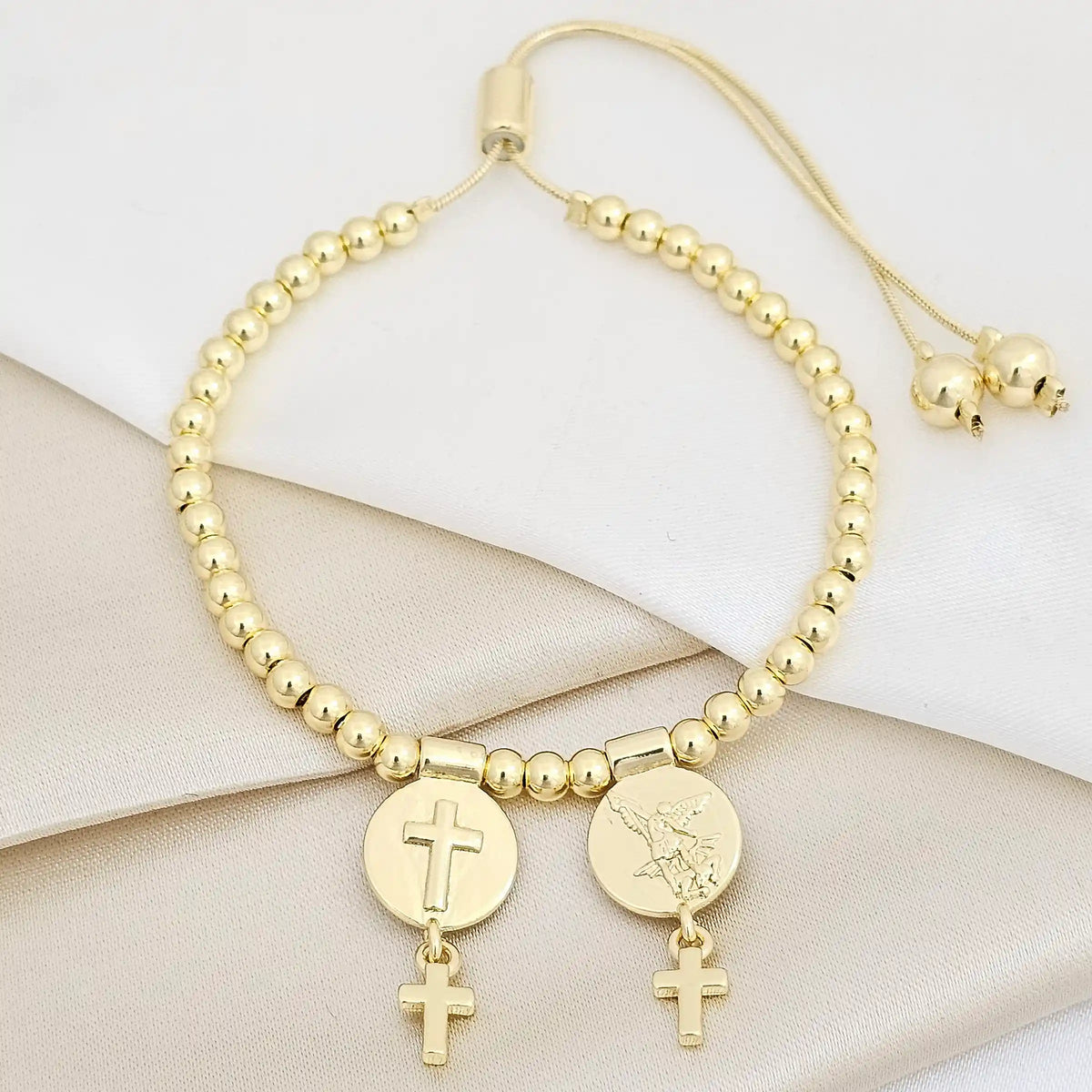 Pulsera Corrediza Balines Con Dijes Cruz Y Arcangel Dorado Rf K7496
