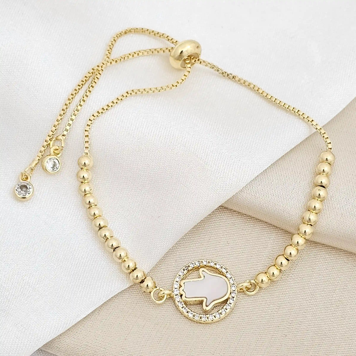 Pulsera Corrediza Balines Dije Circulo Y Mano Fatima Rf K6736