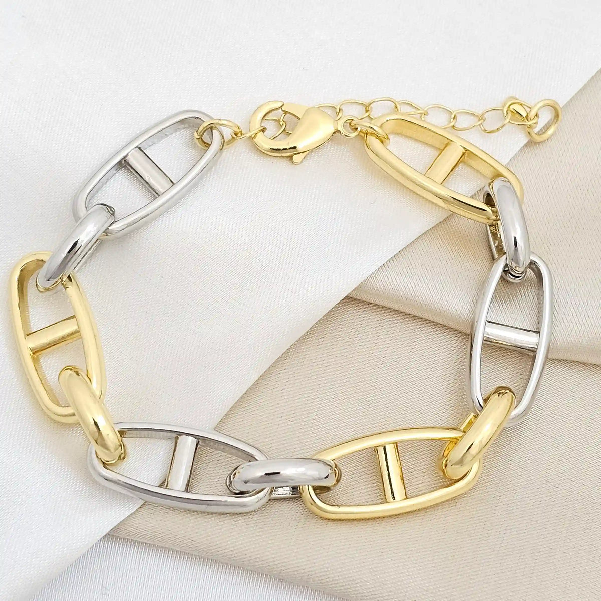 Pulsera Eslabones Grandes Dorado Y Plateado Rf K6752