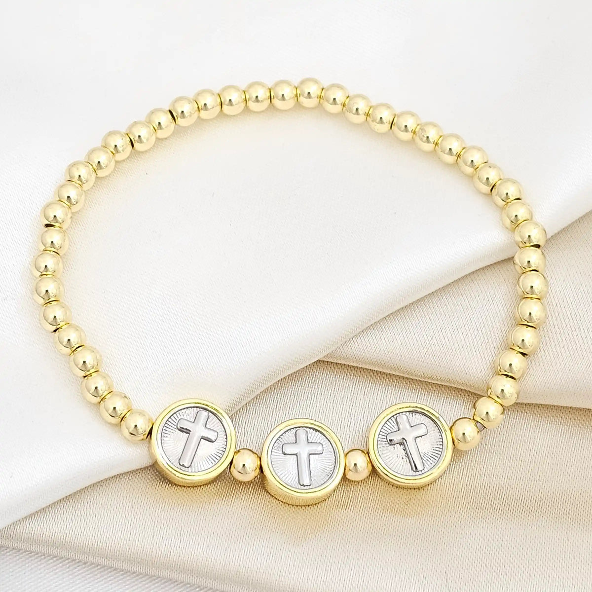 Pulsera Flexible Balines Dorado Tres Cruces Plateado Rf K6907