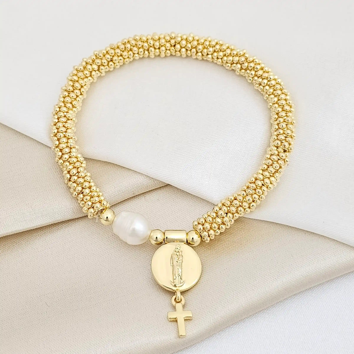 Pulsera Flexible Dorado Con Perla Y Dije Virgen Rf K7499