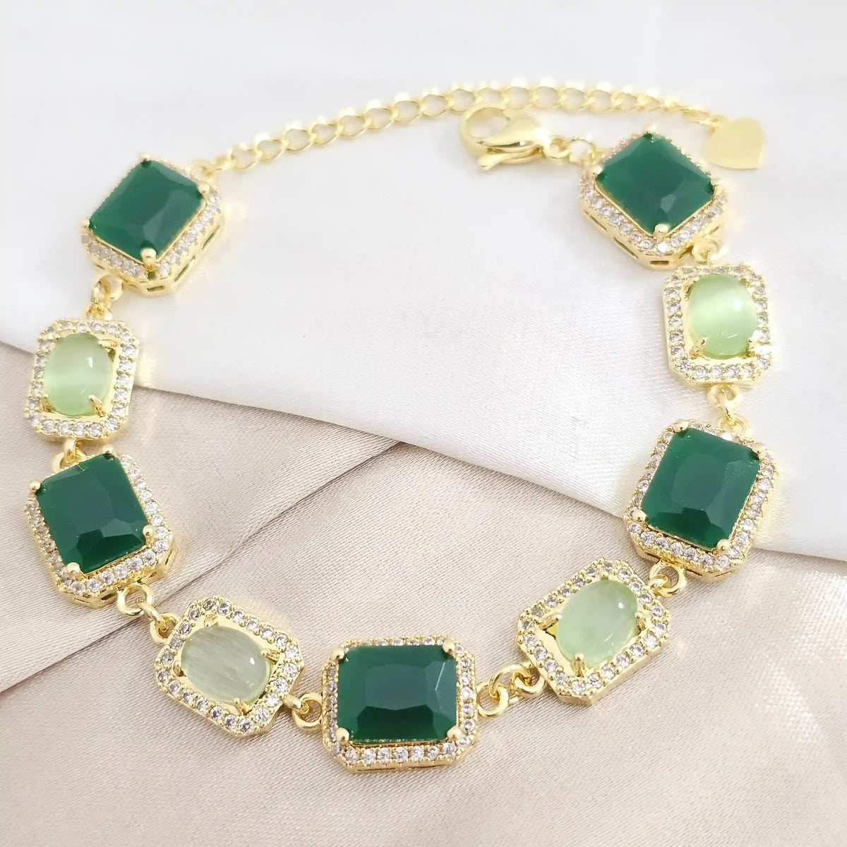 Pulsera Piedras Preciosas Verde Con Extensor Dorado Rf K8147