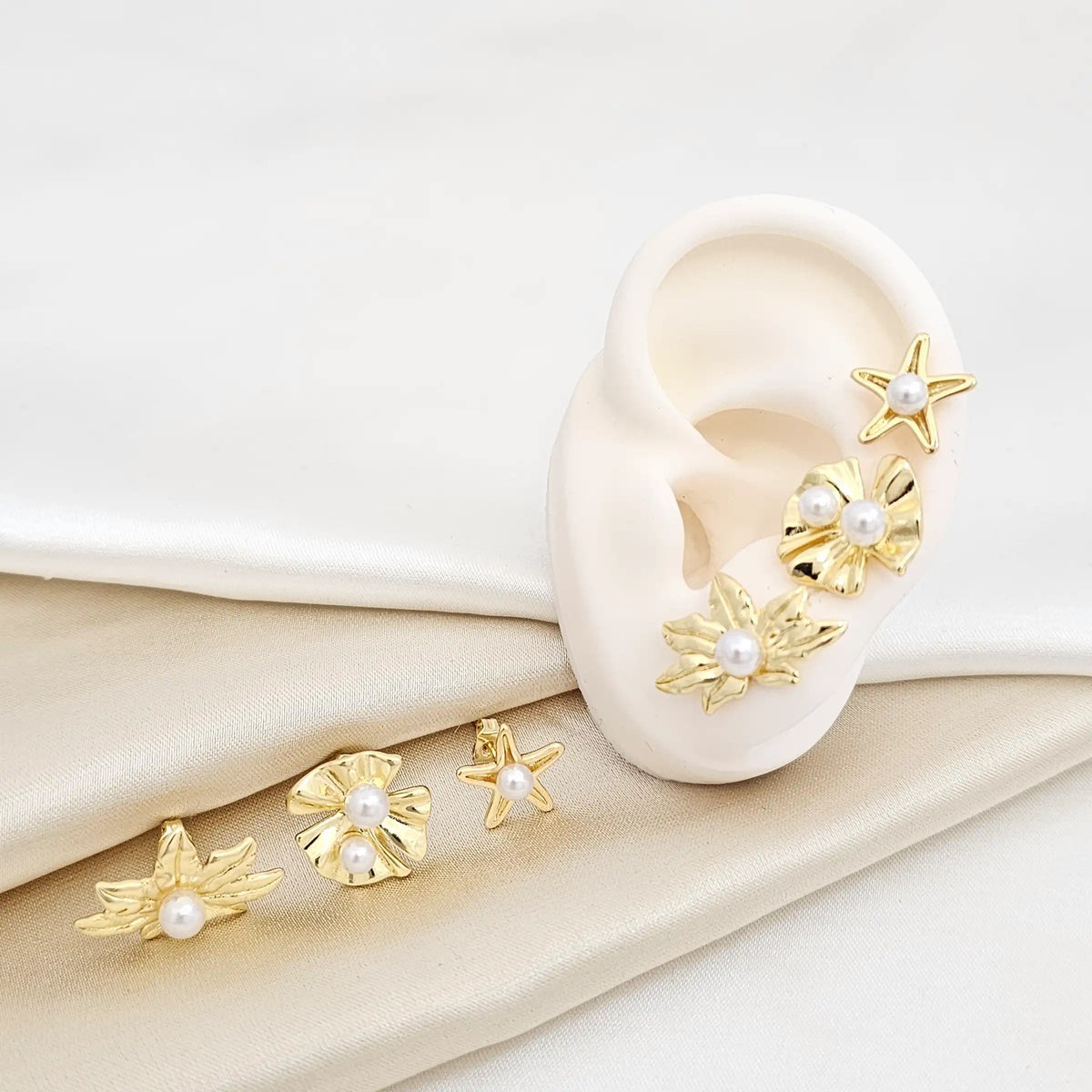 Set Tres Topos Flores Con Perlas Y Estrella Dorado Rf K7060