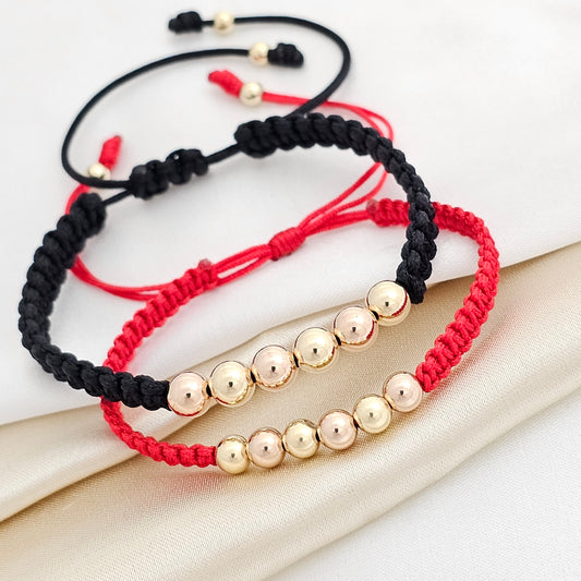 PULSERA GOLD DUO MACRAME BALIN ROSA Y DORA ROJA Y NEGRA