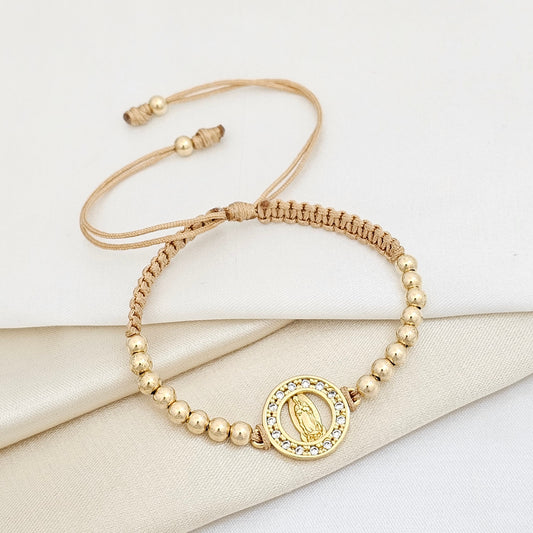 PULSERA GOLD MACRAME # 4 HERRAJE VIRGEN GUADALUPE BEIGE