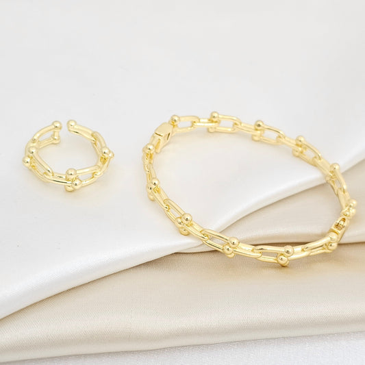 BRAZALETE Y ANILLO ESLABONES LISOS DORADO RF K6858