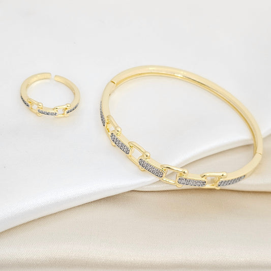 BRAZALETE Y ANILLO ESLABONES DORADO CIRCONES PLATEADO RF K6861