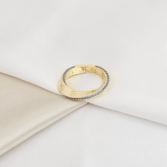 ANILLO ESPIRAL LISO DORADO Y CIRCONES PLATEADO RF K5520