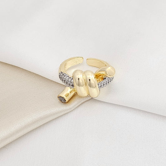 ANILLO NUDO LISO DORADO CIRCONES PLATEADO RF K5526