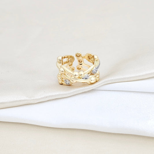 ANILLO CRUZADO CON BALINES DORADO CIRCONES PLATEADO RF K5816