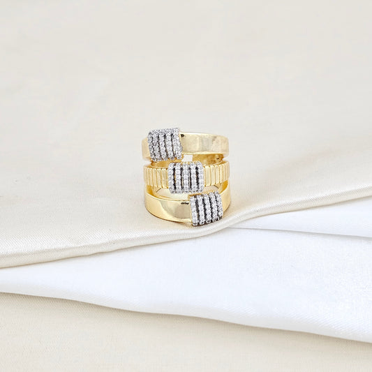 ANILLO TRES LINEAS GRUESAS DORADO CIRCONES PLATEADO RF K5817