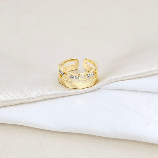 ANILLO LISO CON CADENA DORADO CIRCONES PLATEADO RF K5820