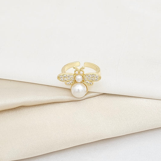 ANILLO ABEJA CON PERLA Y CIRCONES DORADO RF K5923