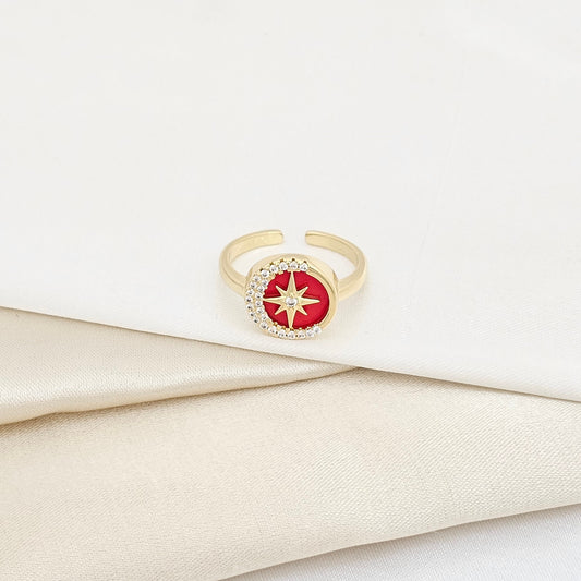 ANILLO NACAR ROJO CON DORADO Y CIRCONES Y ESTRELLA RF K5936
