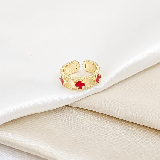 ANILLO DORADO TRIPLE TREBOL ROJO RF K6231