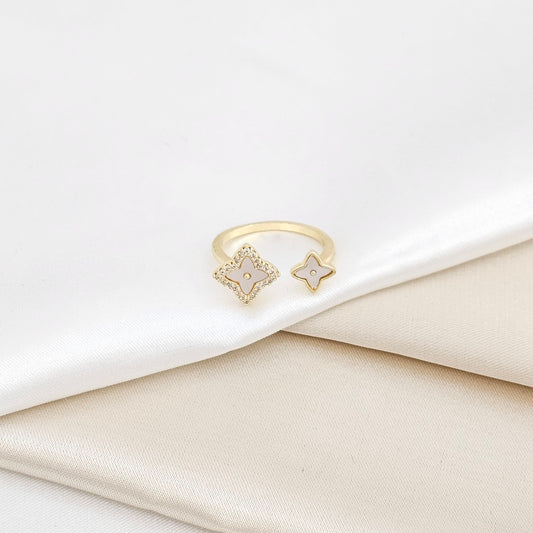 ANILLO DOBLE FLOR CON NACAR Y CIRCONES DORADO RF K6309