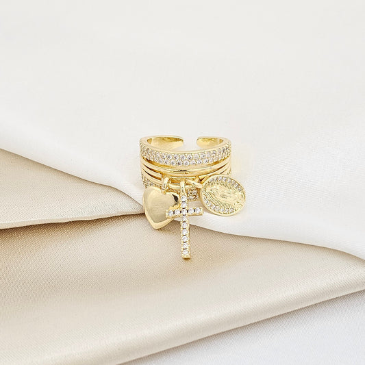 ANILLO LINEAS CIRCONES CON DIJES CRUZ CORAZON Y VIRGEN RF K7507
