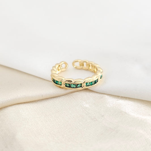 ANILLO CUBANO DORADO CIRCONES VERDES RF K7812