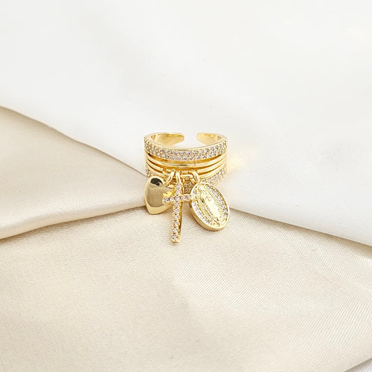 ANILLO LINEAS CON CRUZ CORAZON Y VIRGEN DORADO RF K7817