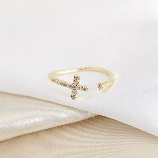 ANILLO LISO CRUZ CON CIRCONES DORADO RF K7937