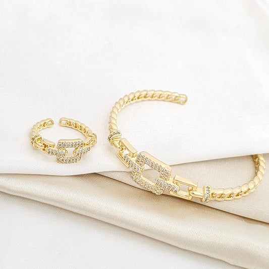 BRAZALETE Y ANILLO TEJIDO CUBANA CIRCONES DORADO RF K5693