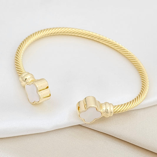 BRAZALETE FLEXIBLE DORADO DOBLE TREBOL BLANCO RF K6325