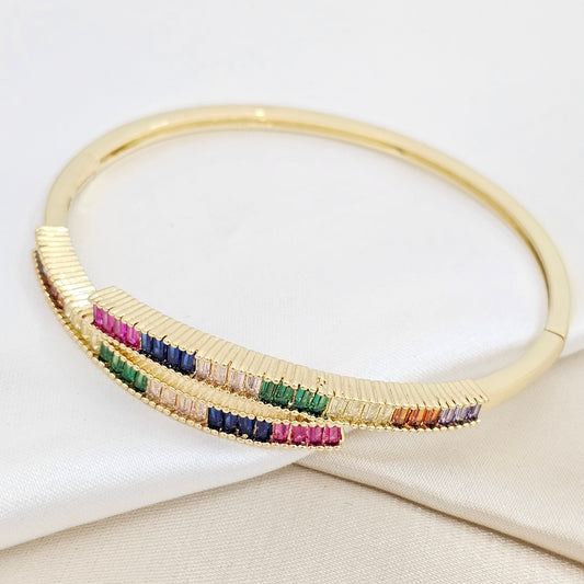 BRAZALETE DORADO DOBLE LINEA CIRCONES DE COLORES RF K6591