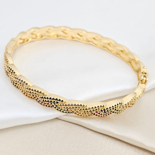 BRAZALETE TRENZAS DORADO CON CIRCONES COLORES RF K6596