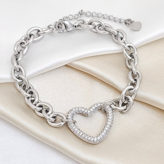 PULSERA AROS CON CORAZON CIRCONES EXTENSOR PLATEADO RF K5553