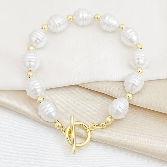 PULSERA PERLAS TRES LINEAS CON BALINES DORADO RF K5735