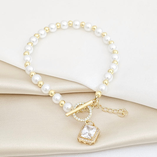 PULSERA PERLAS Y BALINES CON DIJE CIRCON CUADRADO RF K5746
